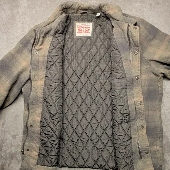 Levis Shirt Jacket Mens XXL Plaid Heavy Flannel Quilted Green Shacket Gorpcore - Picture 4 of 9